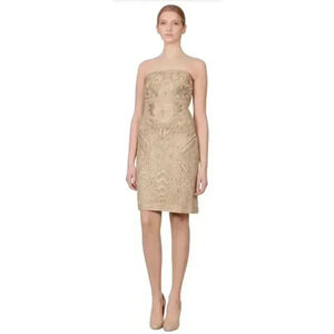 Sue Wong Nocturn Strapless Cocktail Beaded Soutache Mini Sheath Dress Beige 4